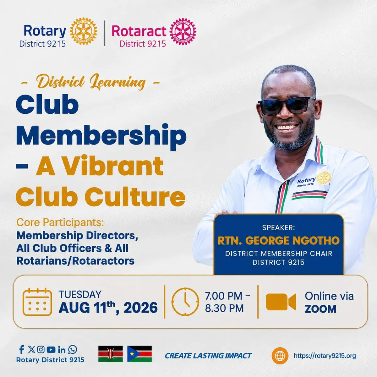 District Learning session flyer — Club Membership, A Vibrant Club Culture, Tuesday 11 August 2026, 7:00 to 8:30 PM online via Zoom
