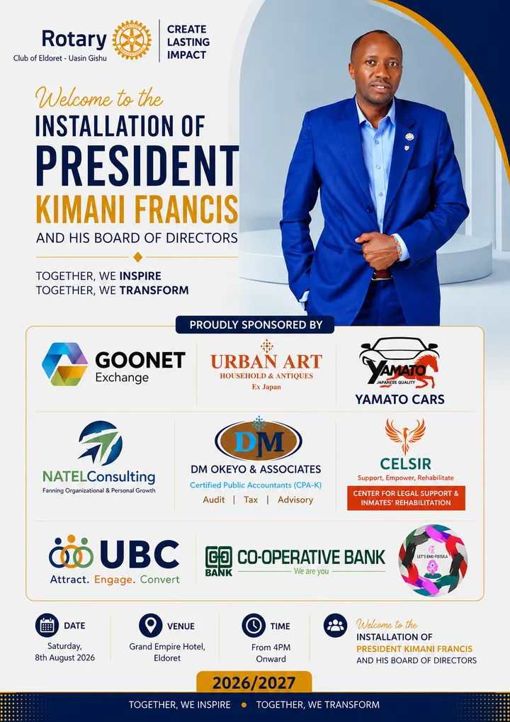 Installation poster for President Kimani Francis and his Board of Directors, 8 August 2026 at Grand Empire Hotel, Eldoret