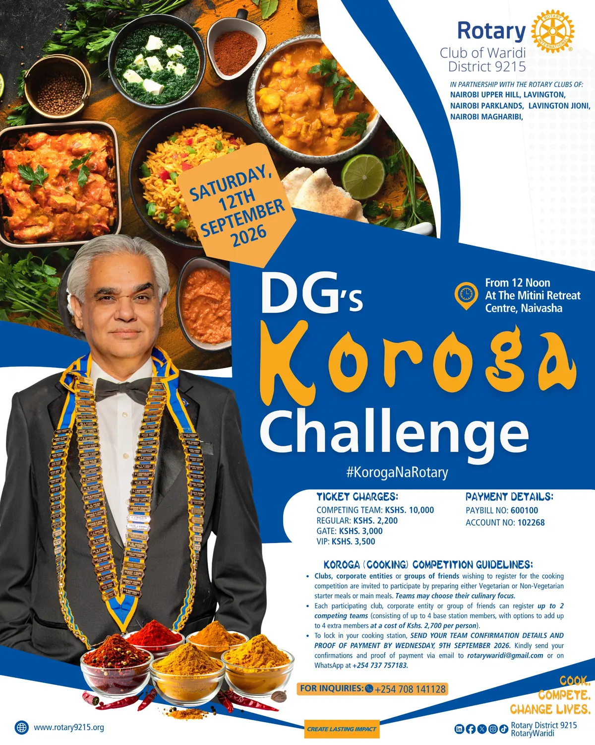 DG's Koroga Challenge 2026 flyer — Saturday 12 September 2026 from 12 noon at Mitini Retreat Centre, Naivasha