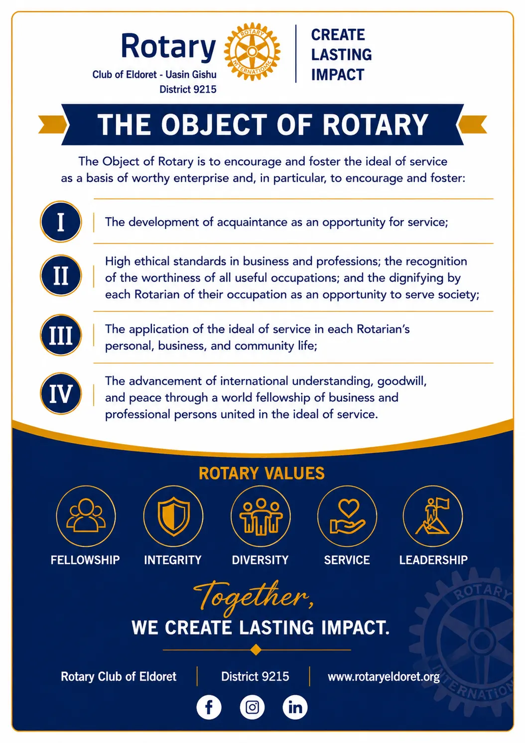 The Object of Rotary poster of the Rotary Club of Eldoret – Uasin Gishu, setting out the four clauses of the Object and the five Rotary values: fellowship, integrity, diversity, service and leadership.